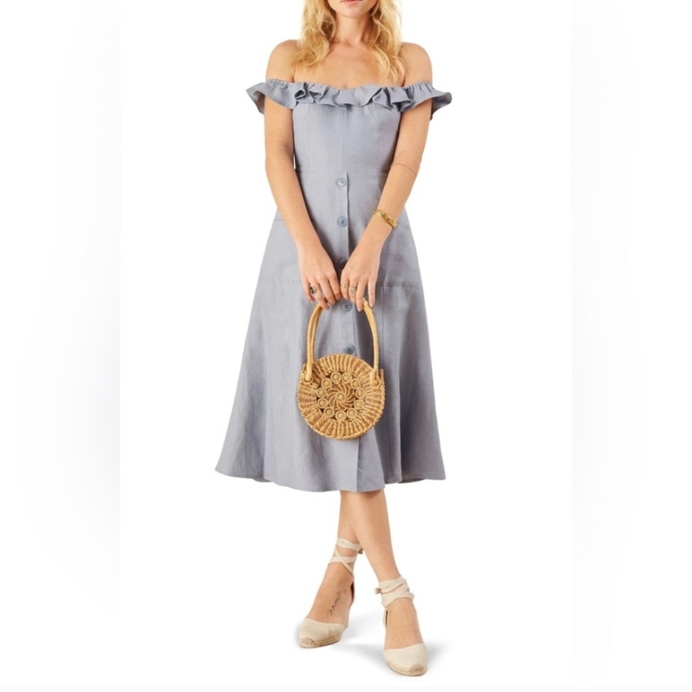 Reformation Off-Shoulder Ruffle Midi Dress in Light Blue